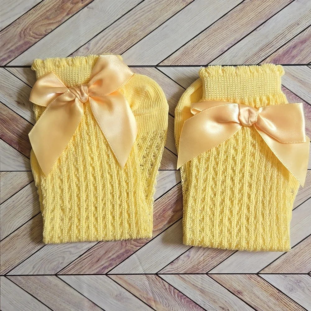 Baby Girl Knee High Yellow Socks With Large Satin Bow Pointelle Knit Ruffle Sock